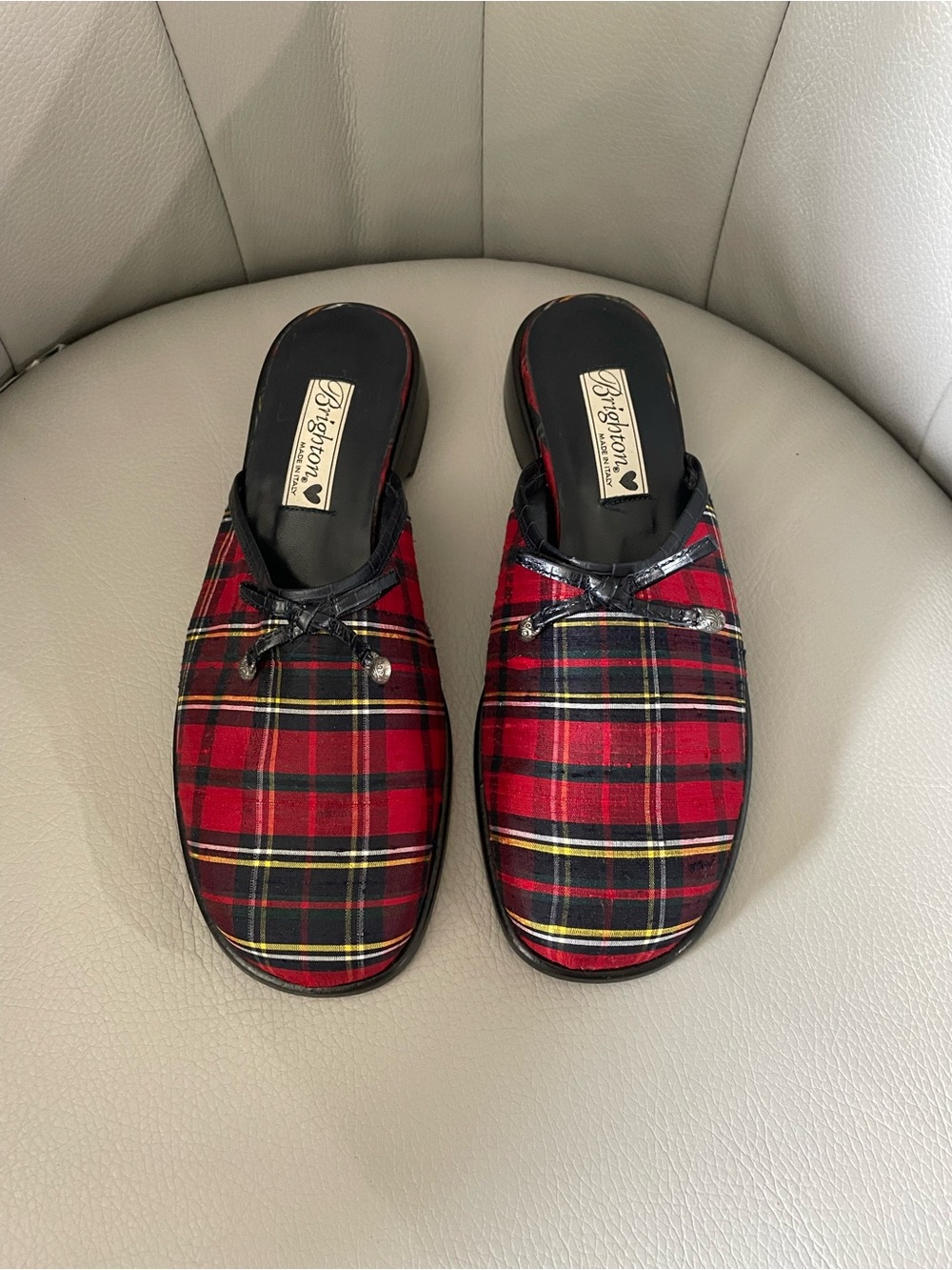 Brighton Red Tartan Plaid Silk Slip-On Mules
